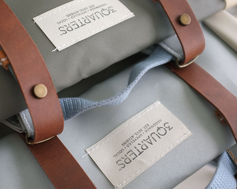 Identity creation, Print + Website design for 3QUARTERS, an upcycling fashion accessories brand based in Athens that repurposes leftover awnings into bags.